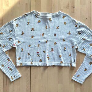 Teddy Fresh Women's Long Sleeve Bears Cropped White Pointelle Top size XS